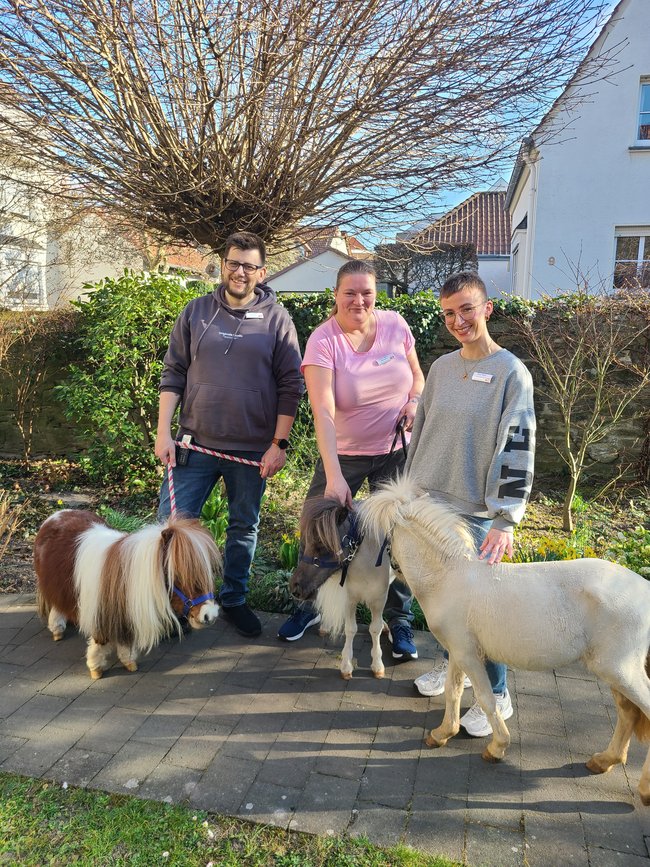 Drei Mitarbeitende des Sozialen Dienstes posieren im Garten für das Foto mit den drei Ponys.