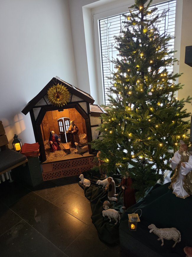 Die beleuchtete Krippe mit Weihnachtsbaum in der Kapelle.