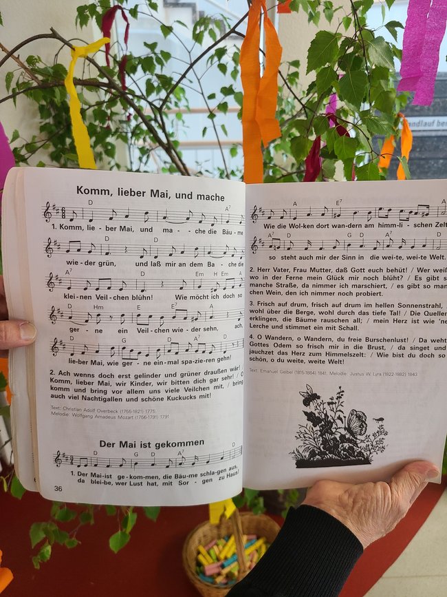 Zu sehen ist ein Liederbuch mit Mailiedern, im Hintergrund der Birkenmaibaum vor der Cafeteria.