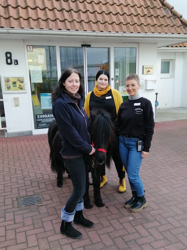 Pony Max besuchte mit seiner Besitzerin Kimberly Bernardino das Seniorencentrum St. Antonius in Soest. Sozialdienstleiterin Birte Wind und Mitarbeiterin des Sozialen Dienstes Petra Andrießen freuten sich über die gelungene Veranstaltung.